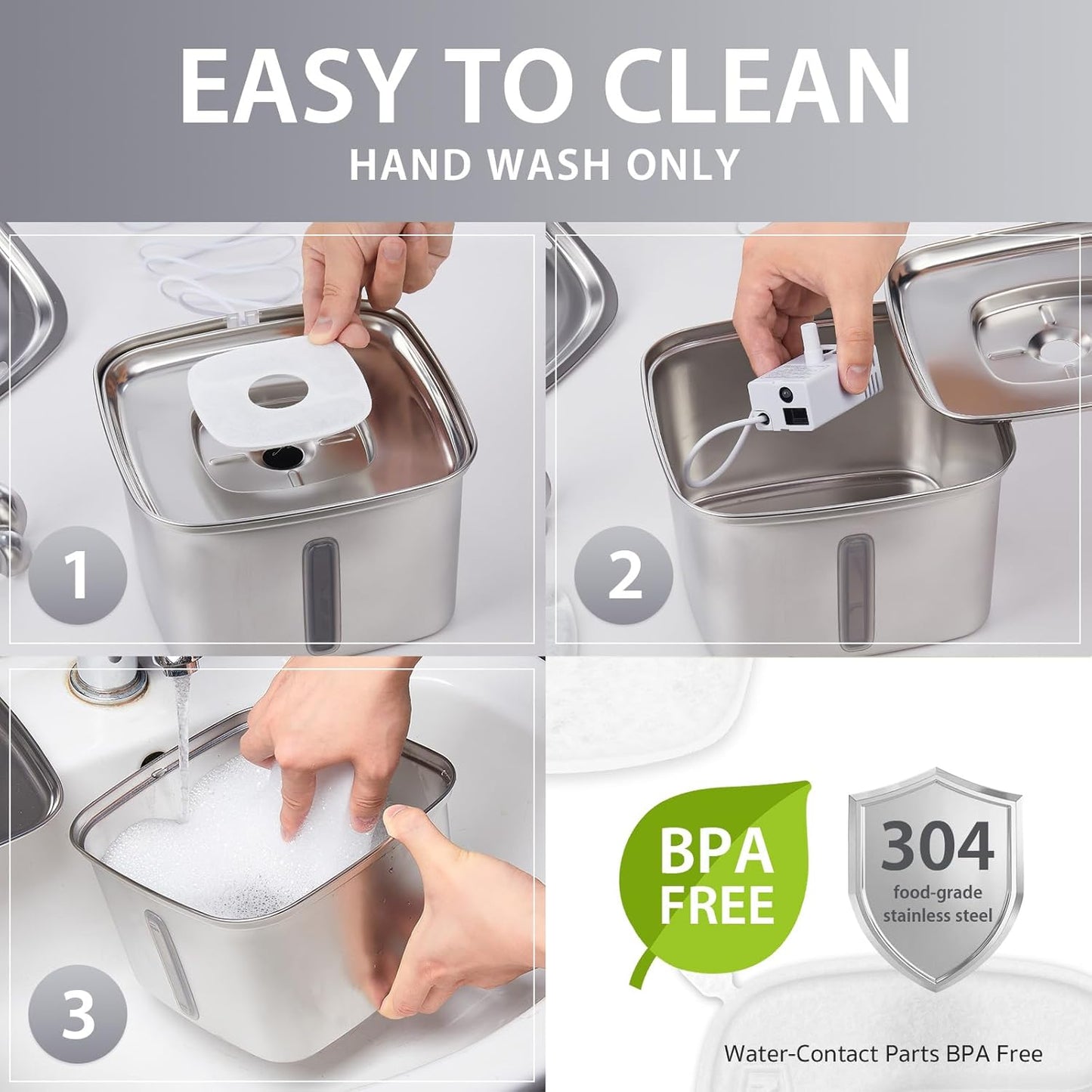 Stainless Steel Pet Fountain (2.2L) + 8 Filter Bundle