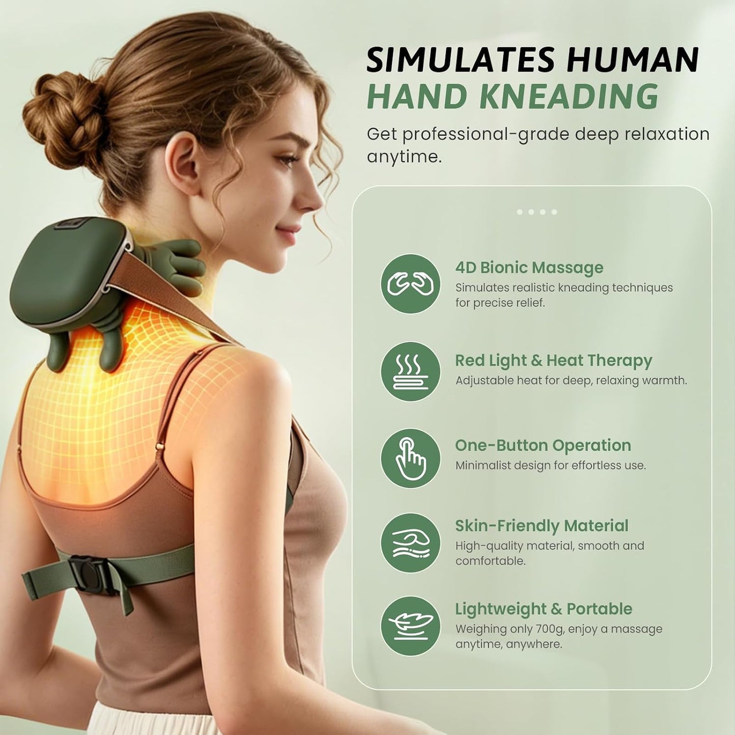 Heated neck and shoulder massager with kneading massage nodes